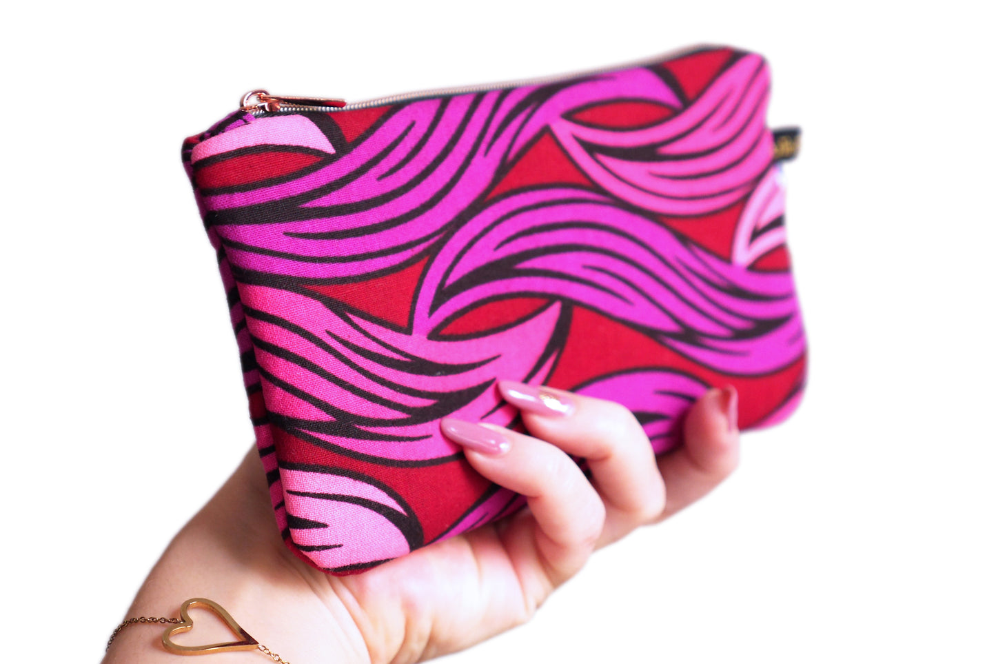 Glasses case pouch women's kit wax fabric waves pink red purple black and rose gold zip