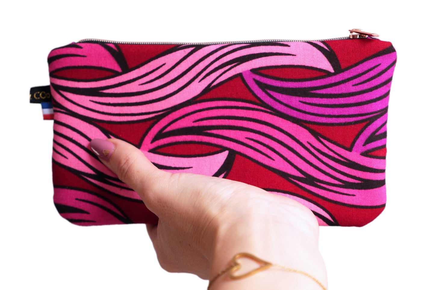 Glasses case pouch women's kit wax fabric waves pink red purple black and rose gold zip