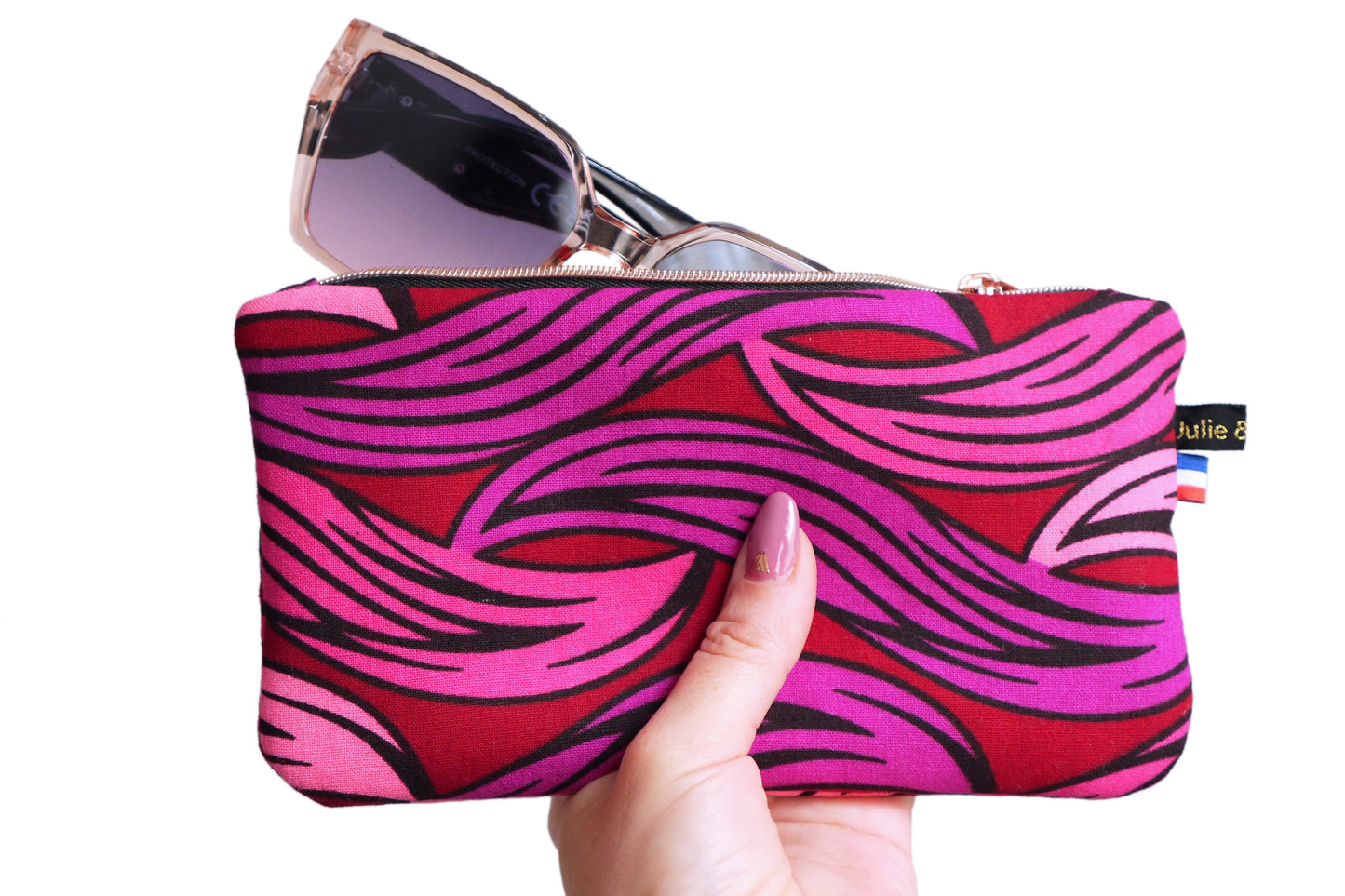 Glasses case pouch women's kit wax fabric waves pink red purple black and rose gold zip