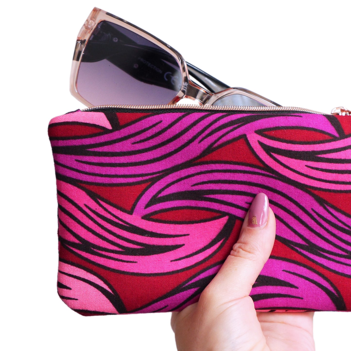 Glasses case pouch women's kit wax fabric waves pink red purple black and rose gold zip