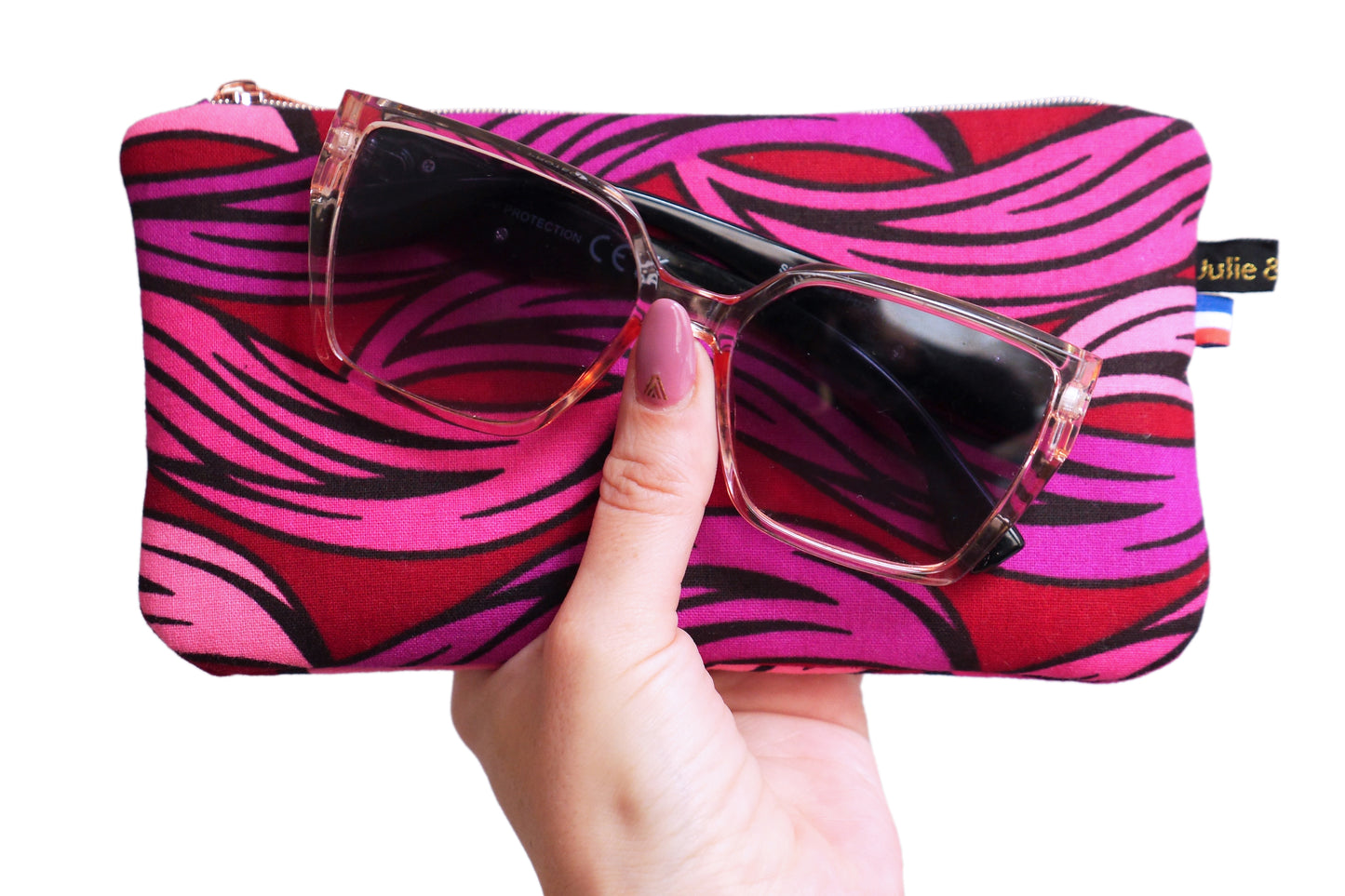 Glasses case pouch women's kit wax fabric waves pink red purple black and rose gold zip
