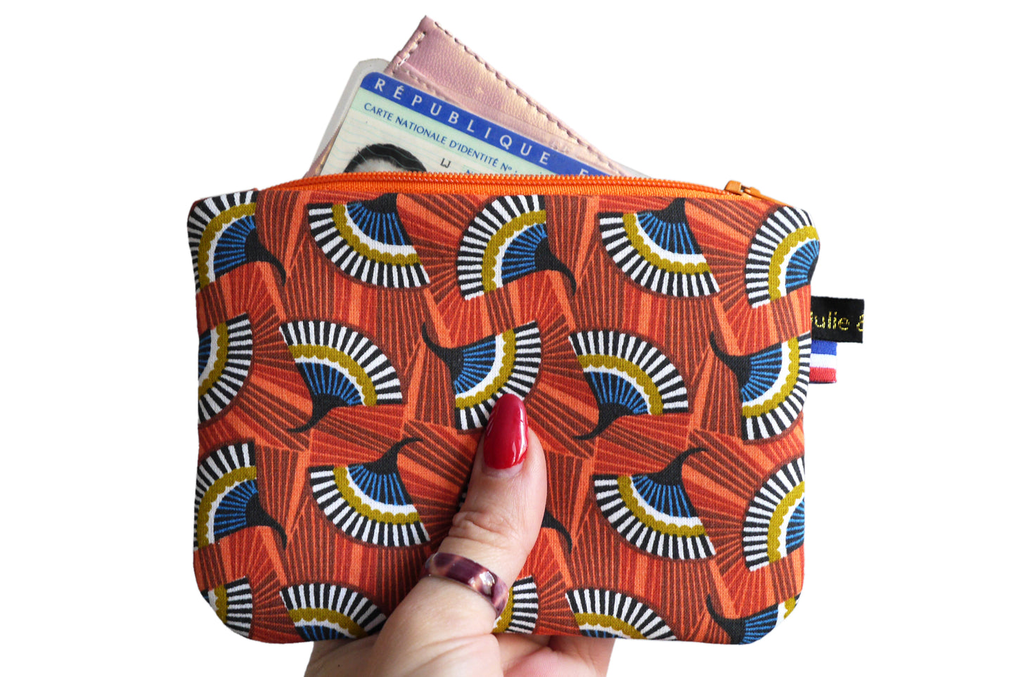 Grand porte-monnaie format carte identité en tissu coloré éventails zip orange