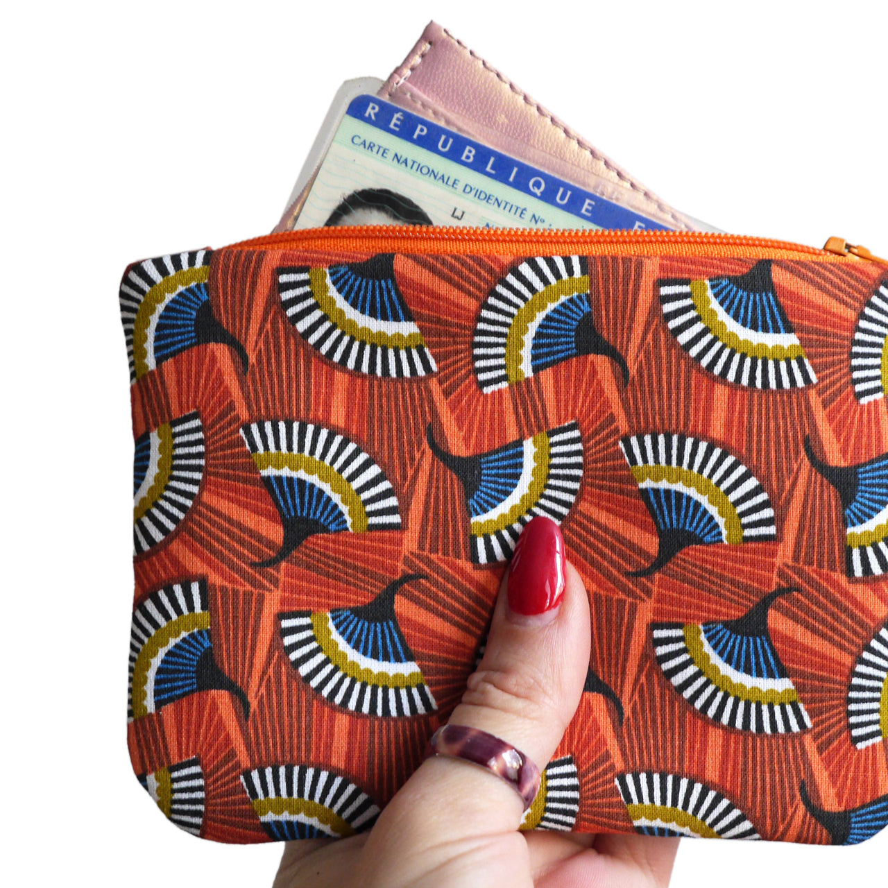 Grand porte-monnaie format carte identité en tissu coloré éventails zip orange
