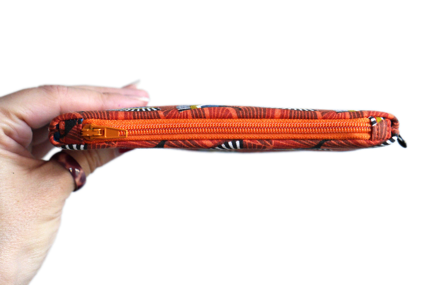 Grand porte-monnaie format carte identité en tissu coloré éventails zip orange