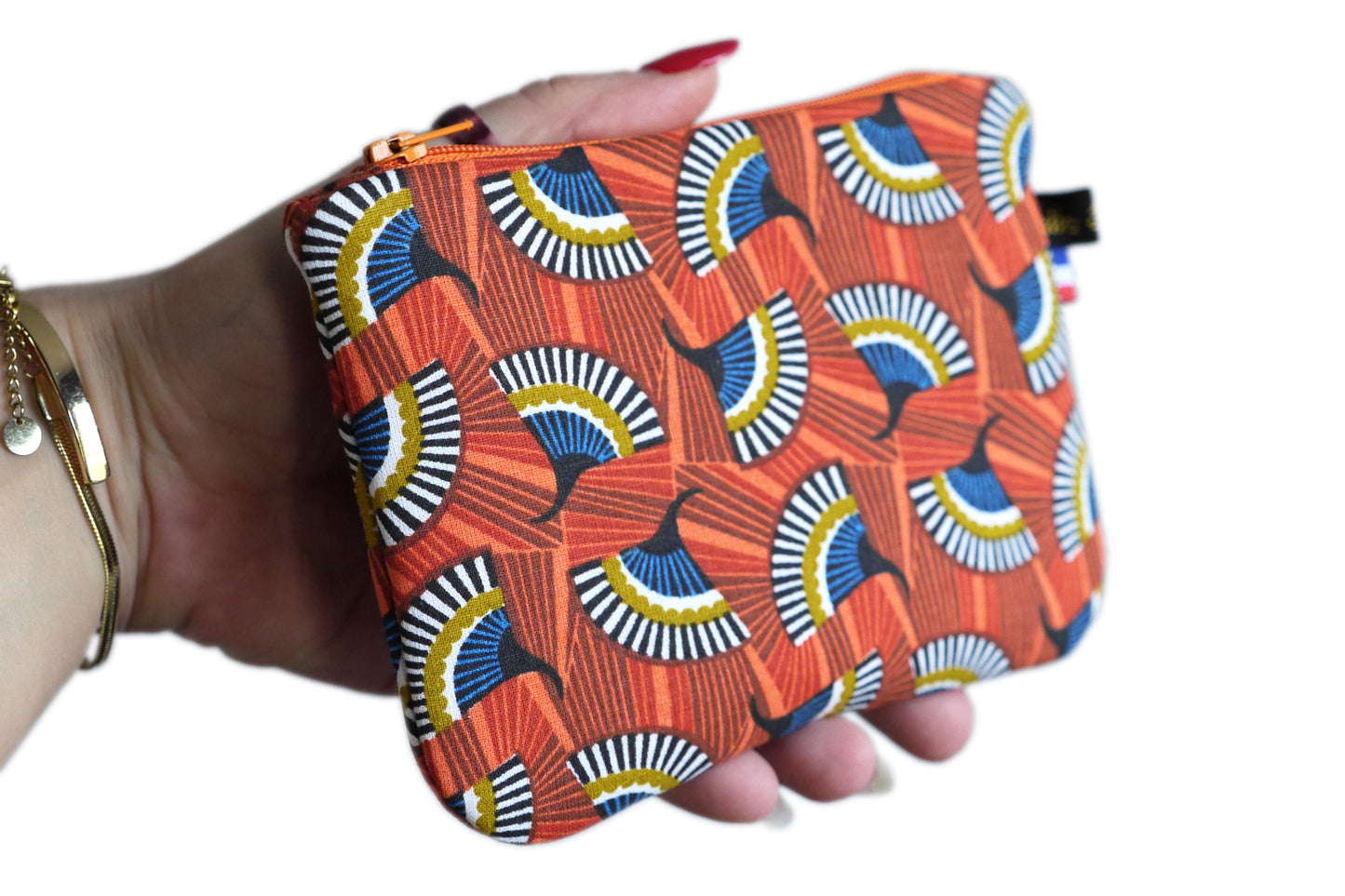 Grand porte-monnaie format carte identité en tissu coloré éventails zip orange