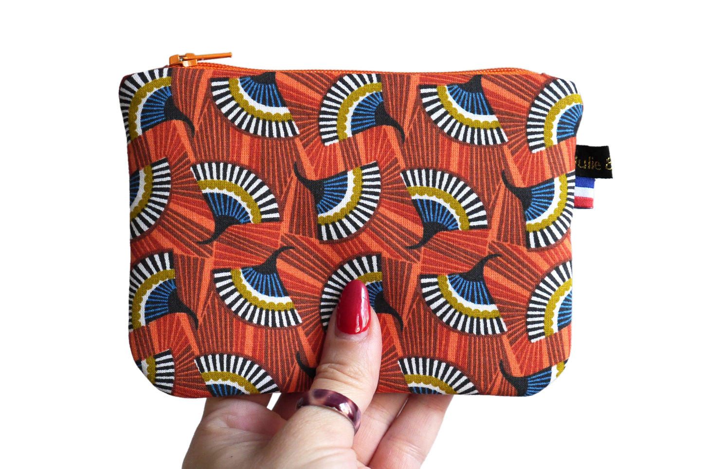 Grand porte-monnaie format carte identité en tissu coloré éventails zip orange