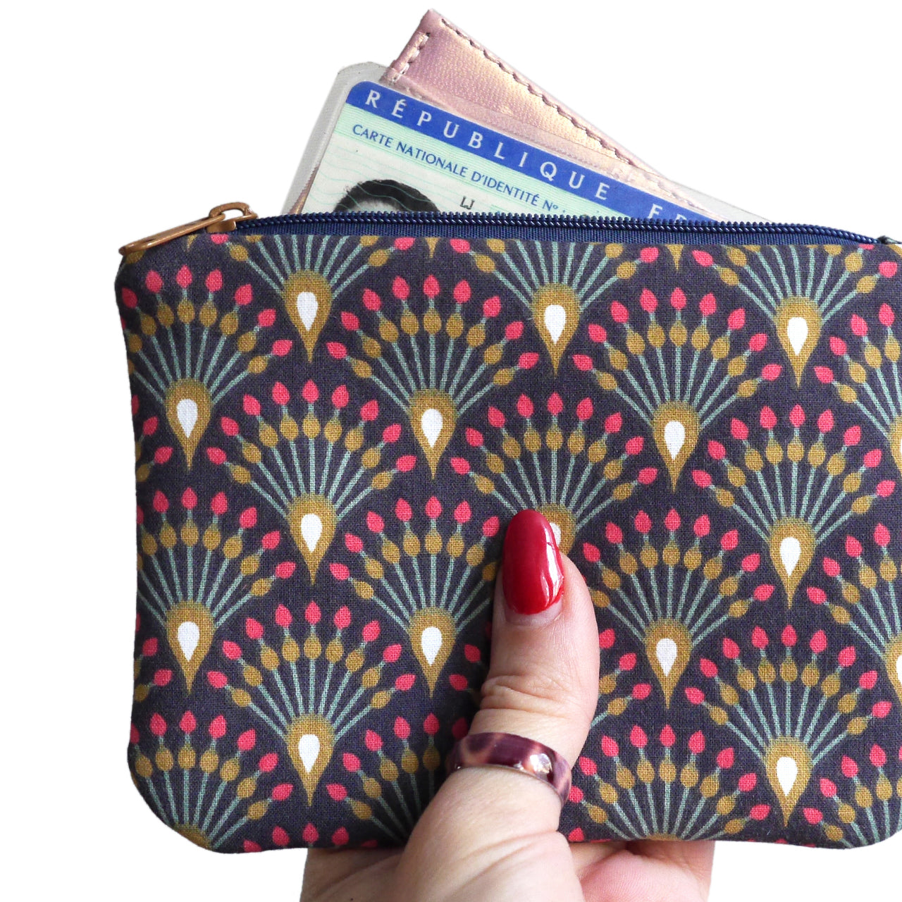 Grand porte-monnaie en tissu motifs éventails paon bleu marine rose fuchisia ocre zippé