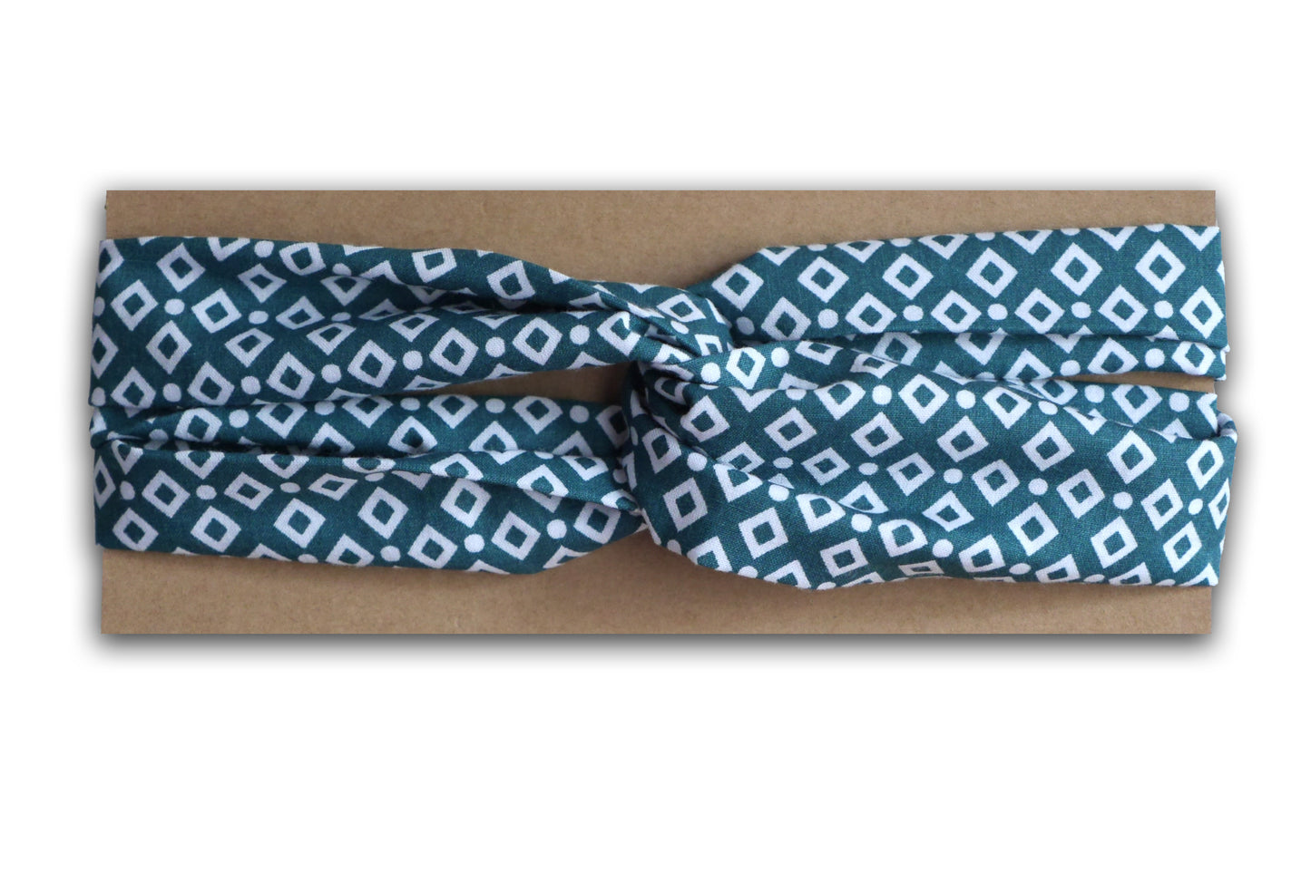 Headband bandeau cheveux élastiqué twisté tissu graphique losanges sur fond bleu vert