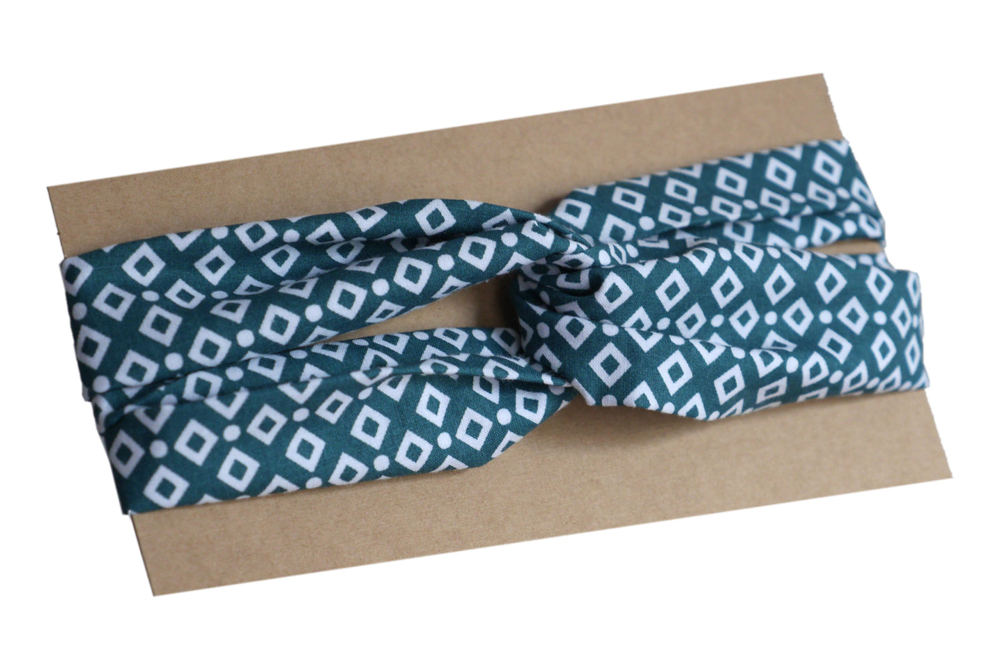 Headband bandeau cheveux élastiqué twisté tissu graphique losanges sur fond bleu vert