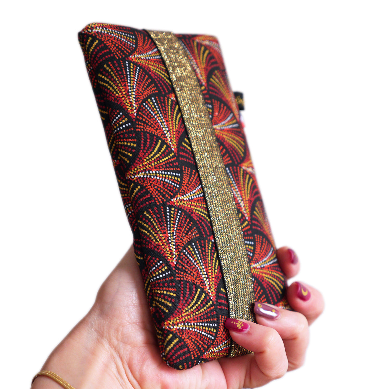 Housse chaussette tous téléphones tissu écailles plumes pointillés rouge orange taille au choix étui portable élastique doré