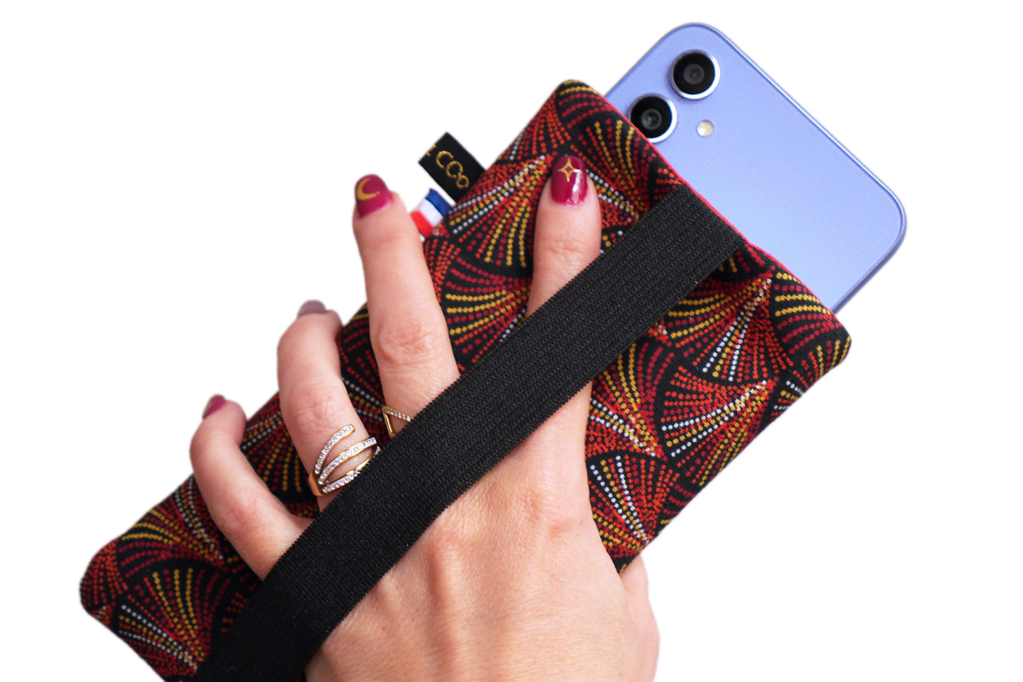 Housse chaussette tous téléphones tissu écailles plumes pointillés rouge orange taille au choix étui portable élastique doré