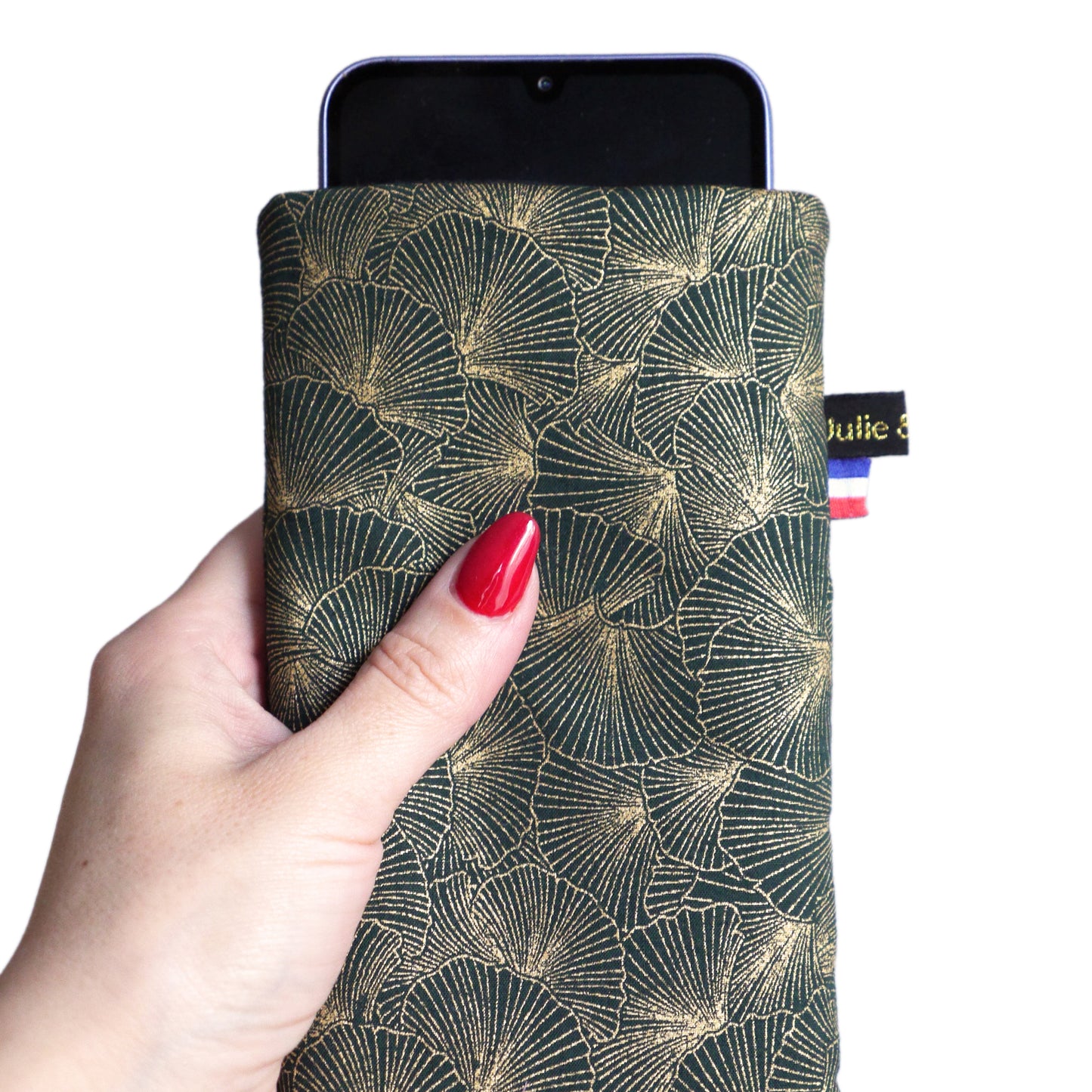 Housse iPhone taille au choix tissu feuilles de ginkgo doré or vert sapin étui téléphone portable élastique Noël