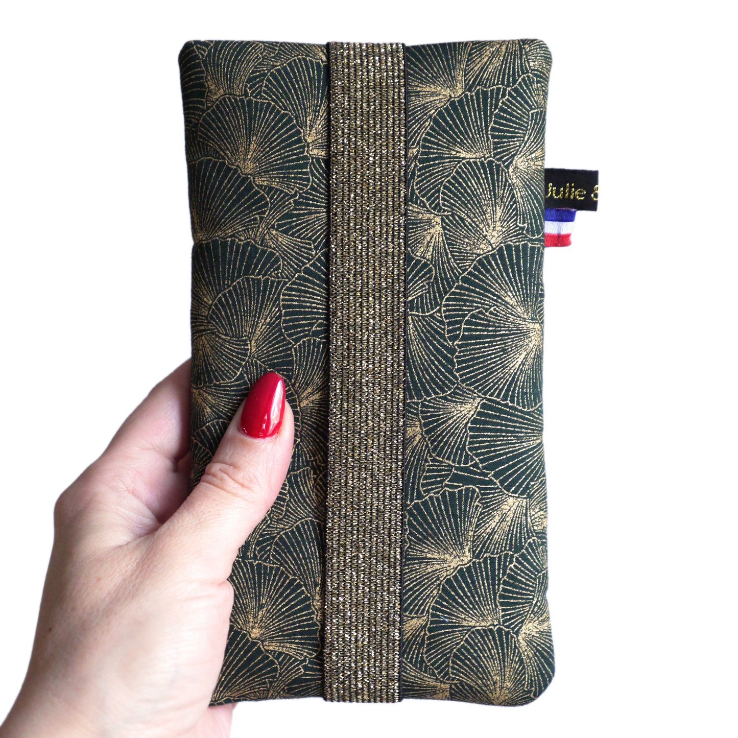 Housse iPhone taille au choix tissu feuilles de ginkgo doré or vert sapin étui téléphone portable élastique Noël