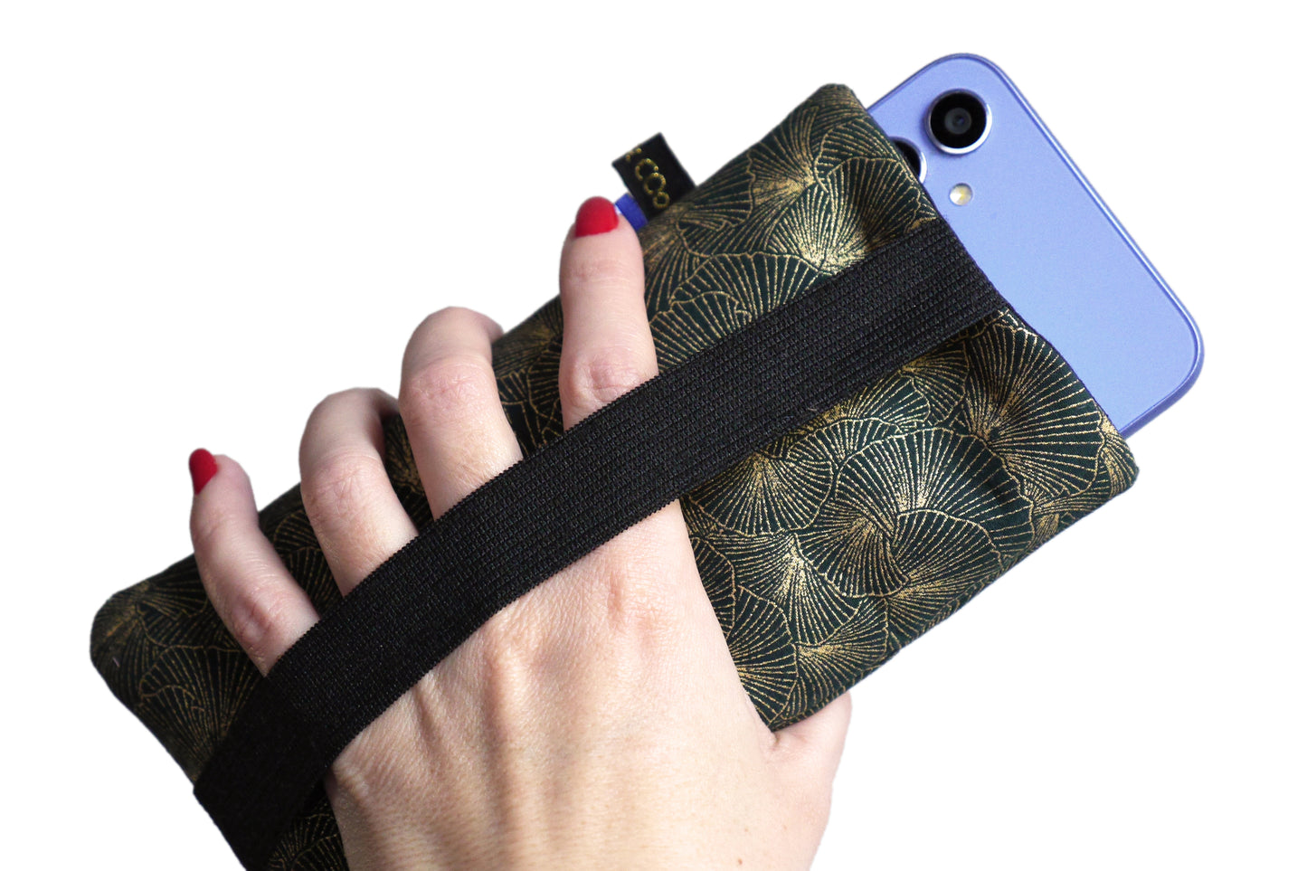 Housse iPhone taille au choix tissu feuilles de ginkgo doré or vert sapin étui téléphone portable élastique Noël