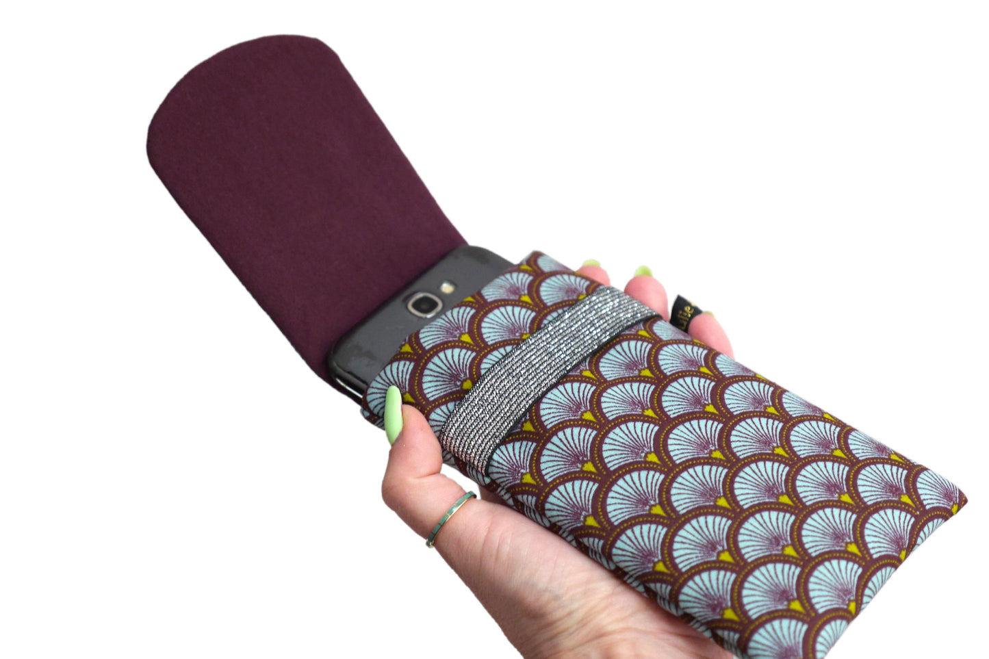 Housse rabat écailles bleu ciel iPhone, Samsung taille au choix étui téléphone portable tissu japonais graphique élastique argent