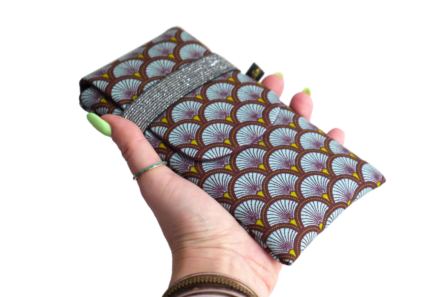 Housse rabat écailles bleu ciel iPhone, Samsung taille au choix étui téléphone portable tissu japonais graphique élastique argent