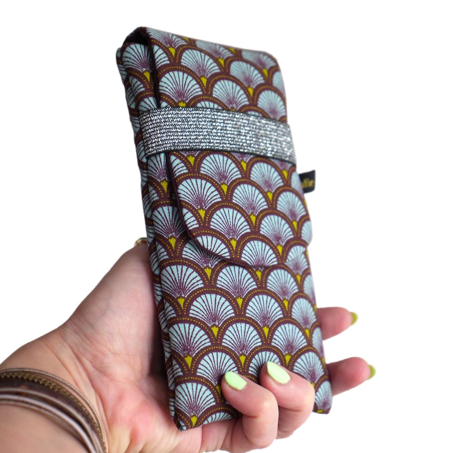Housse rabat écailles bleu ciel iPhone, Samsung taille au choix étui téléphone portable tissu japonais graphique élastique argent