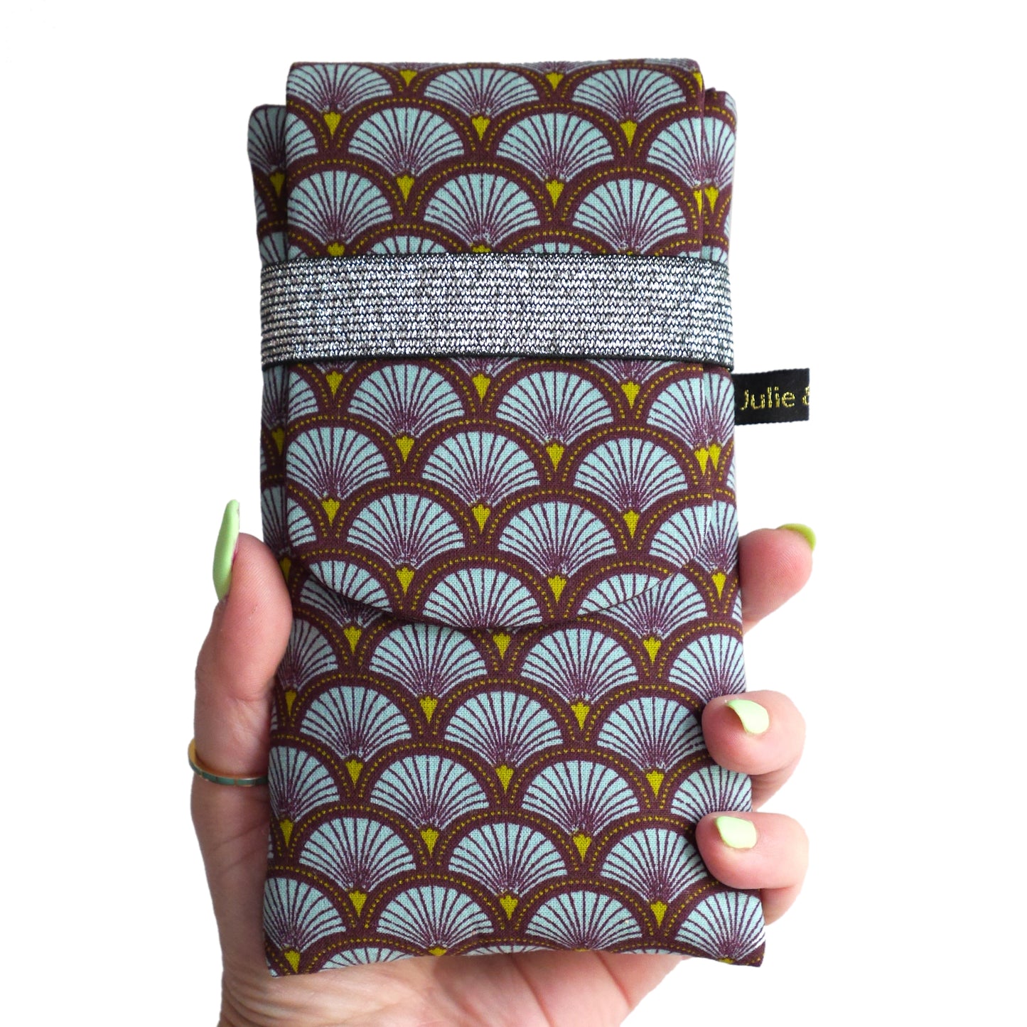 Housse rabat écailles bleu ciel iPhone, Samsung taille au choix étui téléphone portable tissu japonais graphique élastique argent