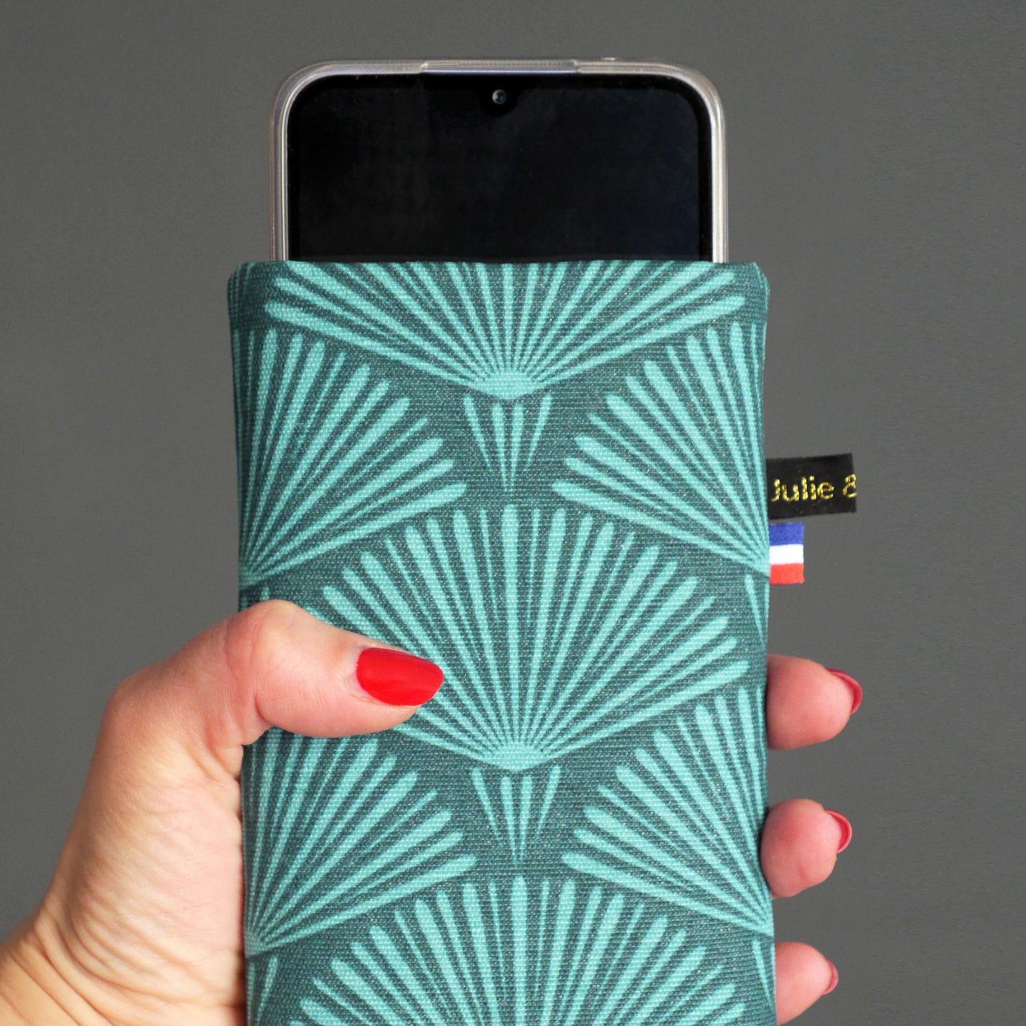Housse téléphone portable rigide imperméable gros éventails bleu turquoise pétrole taille au choix
