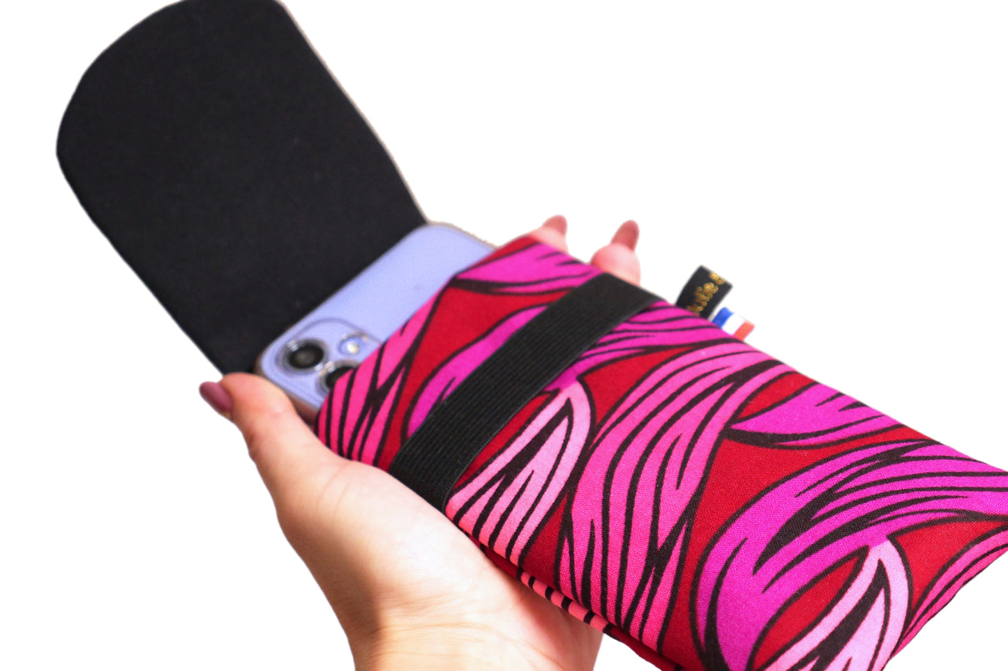 Housse rabat tous téléphones iPhone 15 Pro/15 Pro Max, Samsung S24/S24+ taille au choix wax vagues rose rouge violet