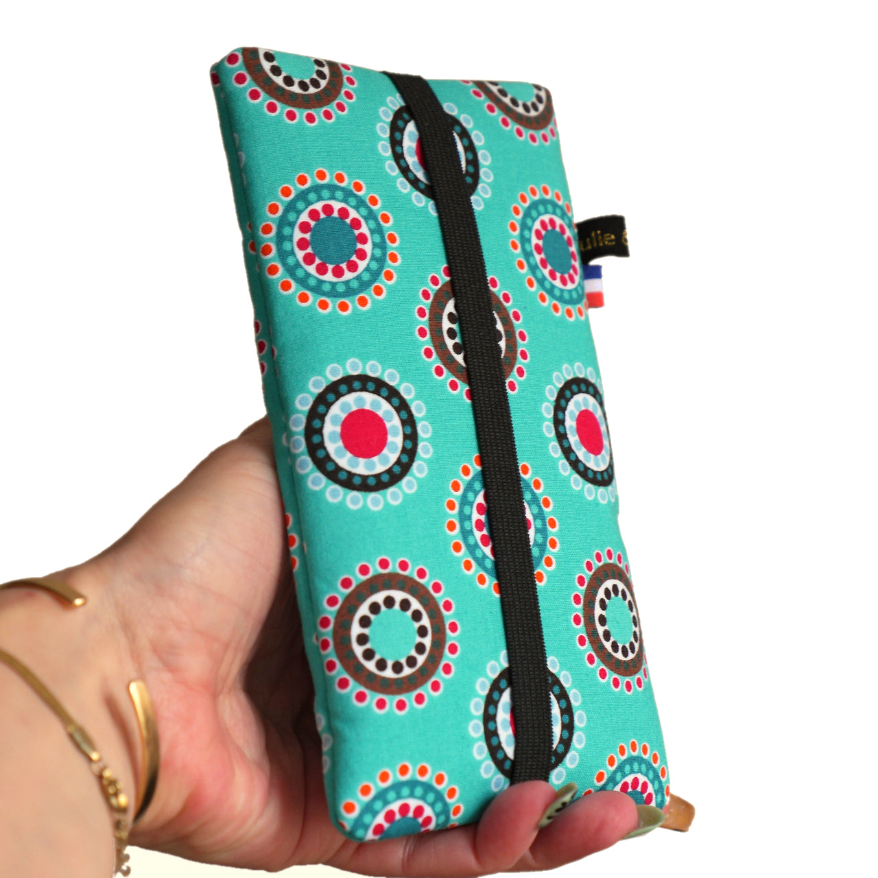Housse chaussette tous téléphones tissu graphiques ronds sur fond turquoise taille au choix étui portable élastique noir