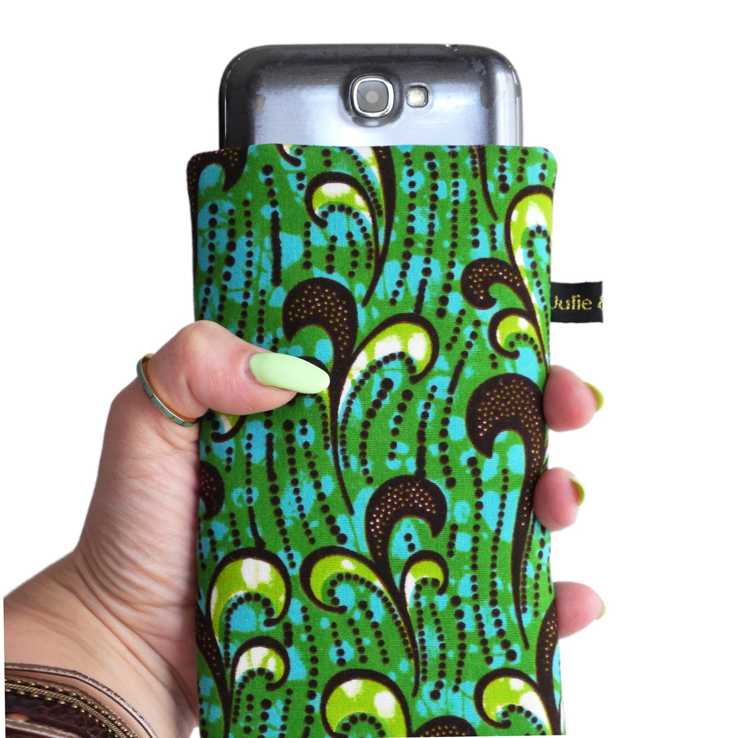Housse iPhone 15 / 15 Pro Max, Samsung S23 / S23+ tous téléphones taille au choix tissu wax coton vagues bleu vert marine élastique or