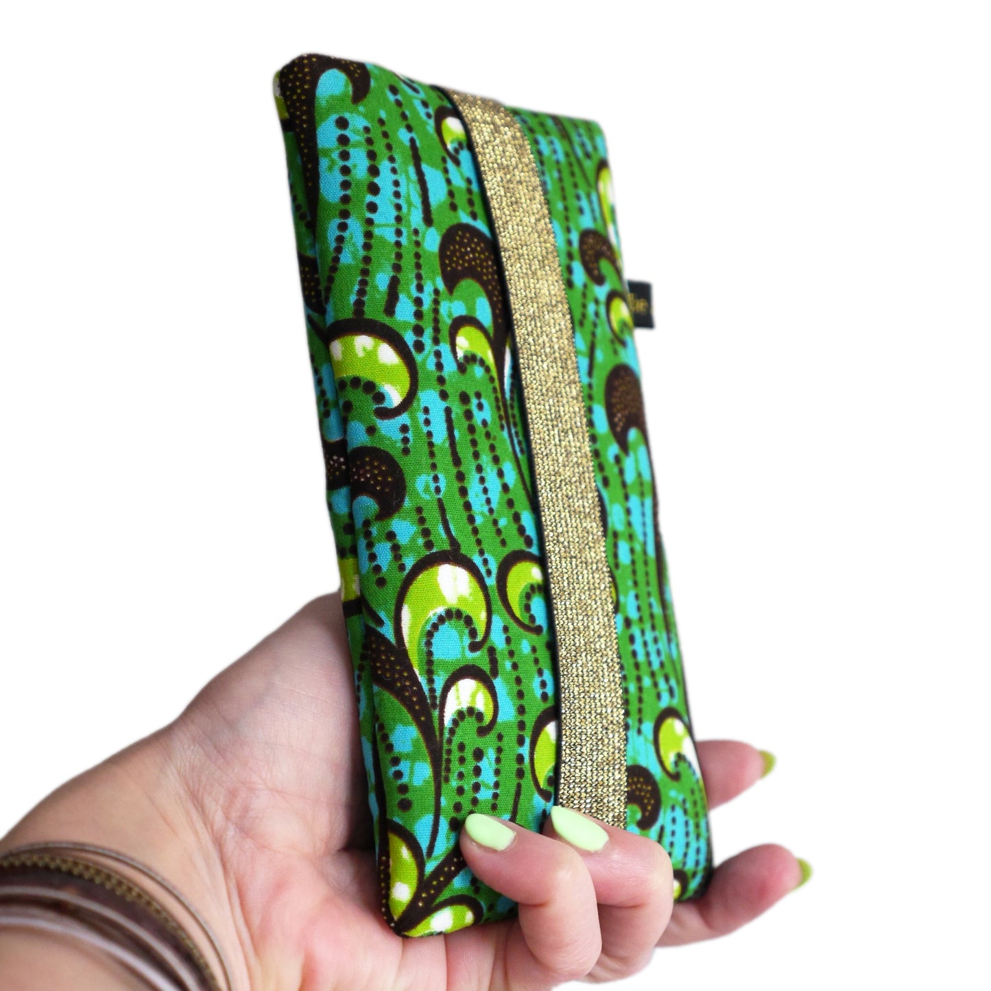 Housse iPhone 15 / 15 Pro Max, Samsung S23 / S23+ tous téléphones taille au choix tissu wax coton vagues bleu vert marine élastique or