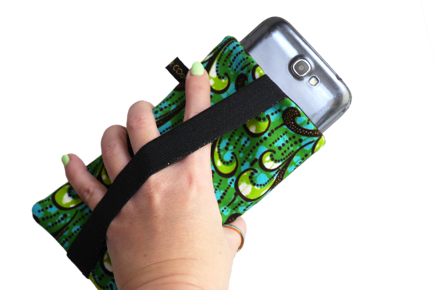Housse iPhone 15 / 15 Pro Max, Samsung S23 / S23+ tous téléphones taille au choix tissu wax coton vagues bleu vert marine élastique or