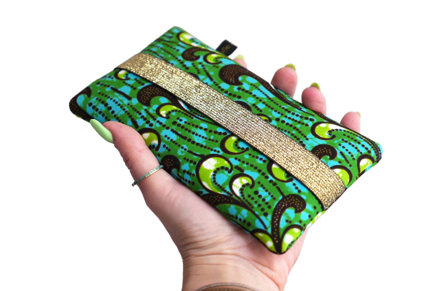 Housse iPhone 15 / 15 Pro Max, Samsung S23 / S23+ tous téléphones taille au choix tissu wax coton vagues bleu vert marine élastique or