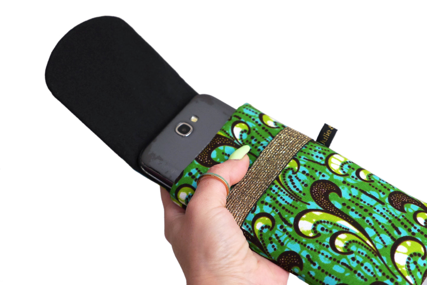 Housse téléphone portable avec rabat taille au choix tissu wax vagues vert et bleu