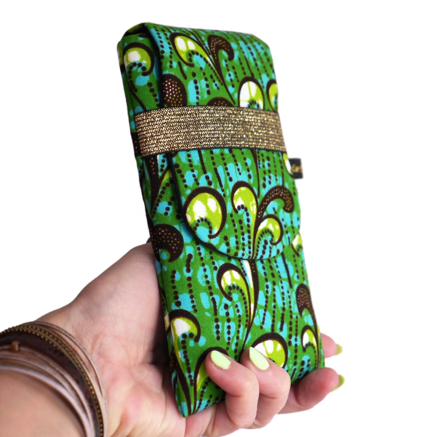 Housse téléphone portable avec rabat taille au choix tissu wax vagues vert et bleu