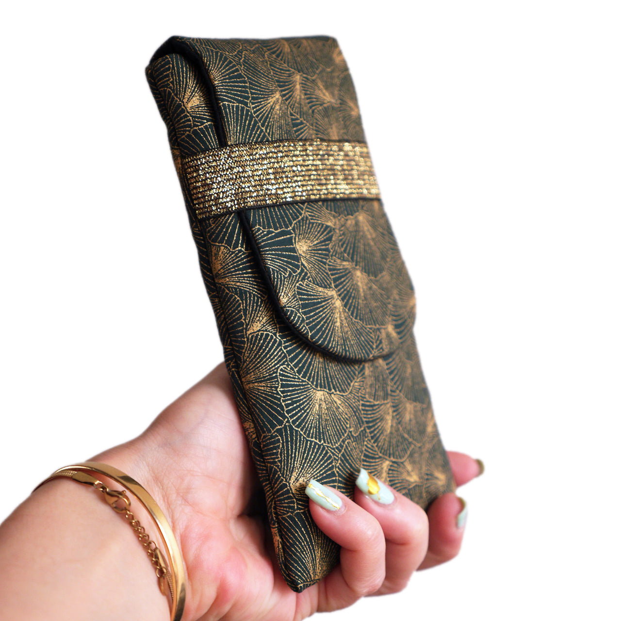 Housse rabat iPhone taille au choix tissu feuilles de ginkgo doré or vert sapin étui téléphone portable élastique