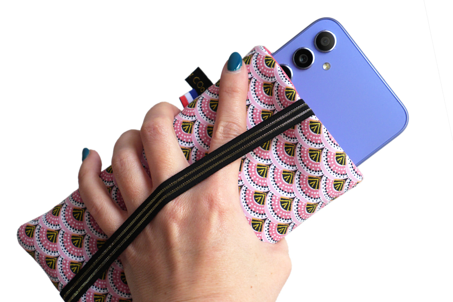 Housse chaussette tous téléphones tissu graphique éventails japonais roses élastique noir et or iPhone, Samsung…