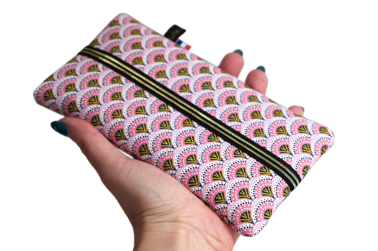 Housse chaussette tous téléphones tissu graphique éventails japonais roses élastique noir et or iPhone, Samsung…