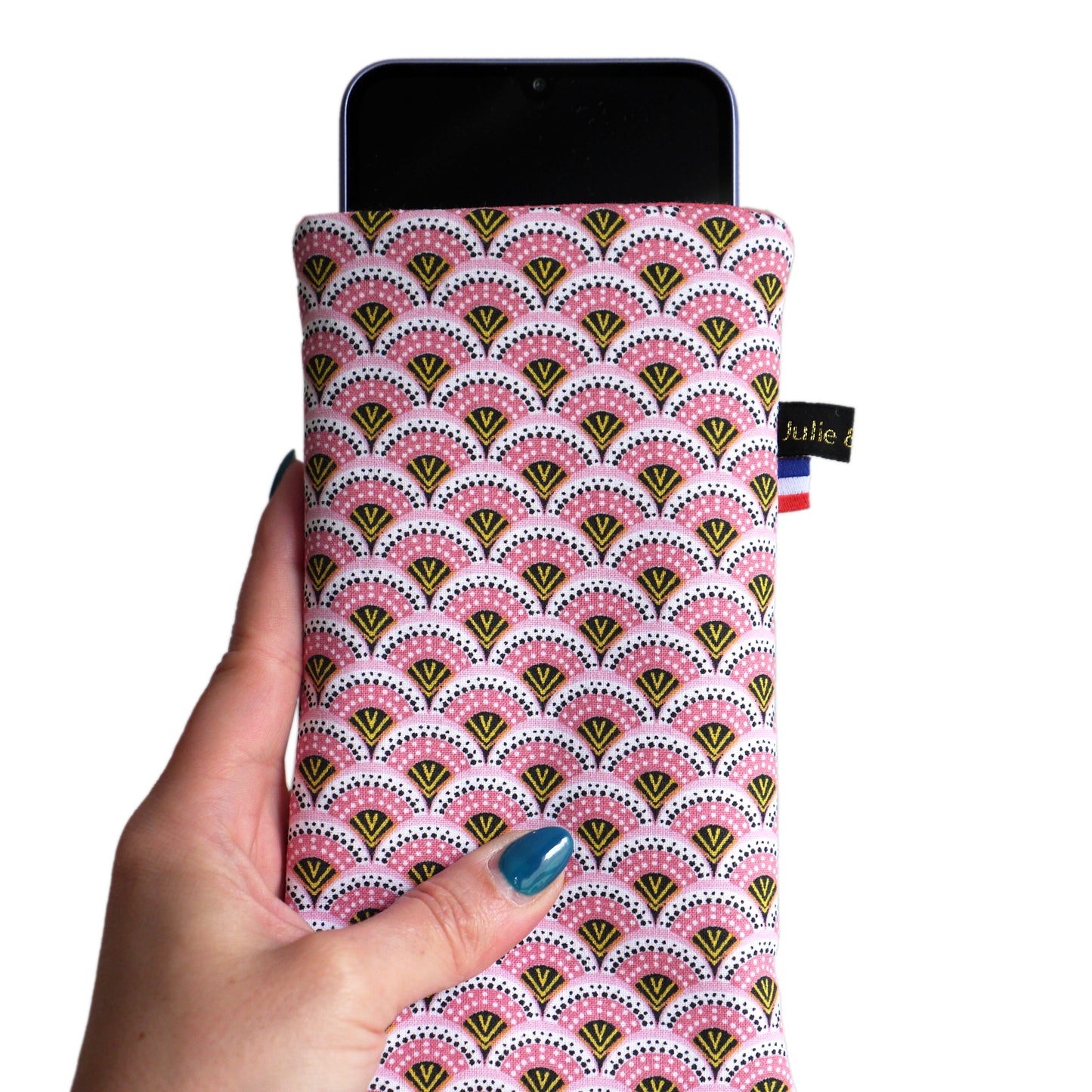 Housse chaussette tous téléphones tissu graphique éventails japonais roses élastique noir et or iPhone, Samsung…