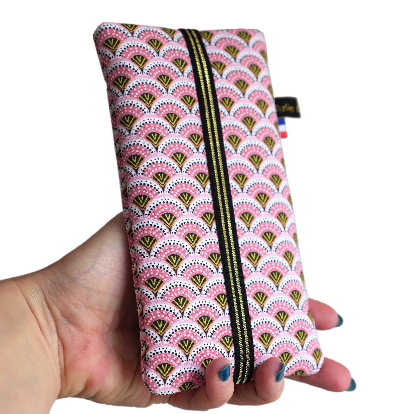 Housse chaussette tous téléphones tissu graphique éventails japonais roses élastique noir et or iPhone, Samsung…
