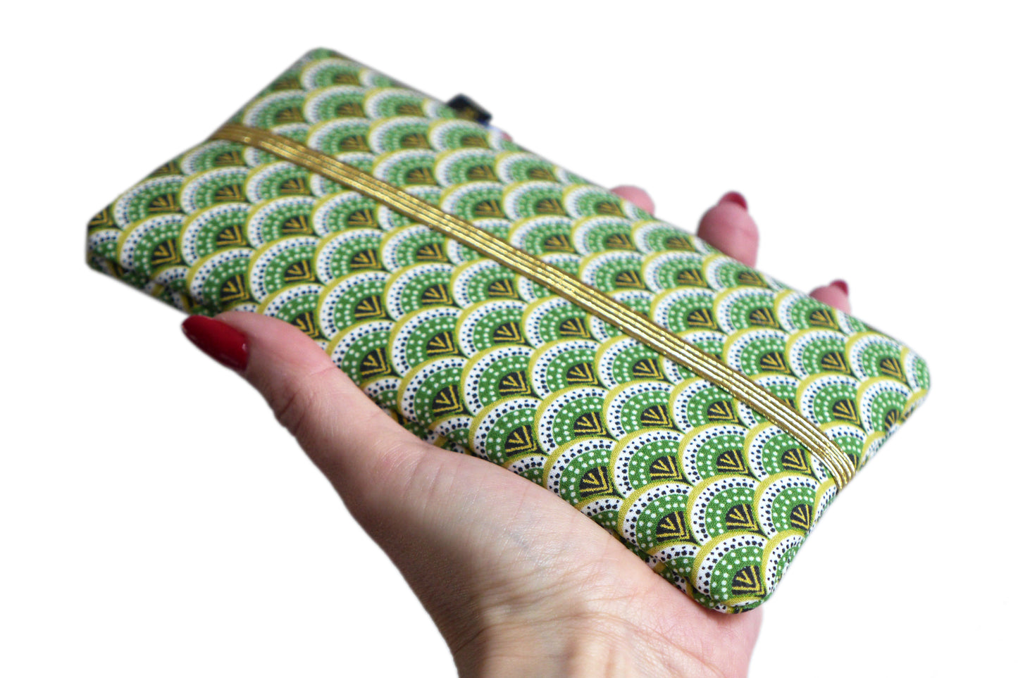 Housse chaussette tous téléphones tissu graphique éventails japonais vert élastique or iPhone, Samsung…