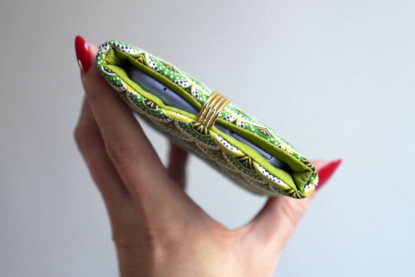 Housse chaussette tous téléphones tissu graphique éventails japonais vert élastique or iPhone, Samsung…