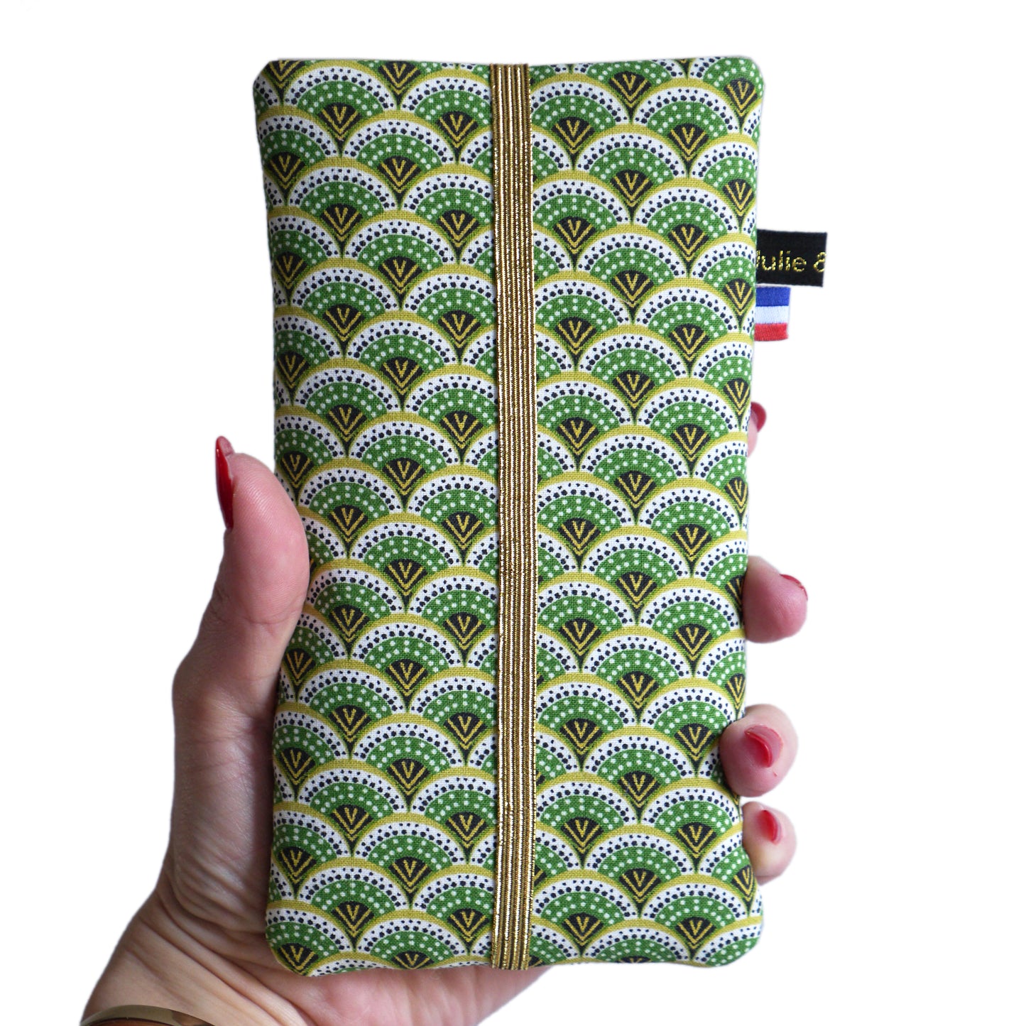 Housse chaussette tous téléphones tissu graphique éventails japonais vert élastique or iPhone, Samsung…