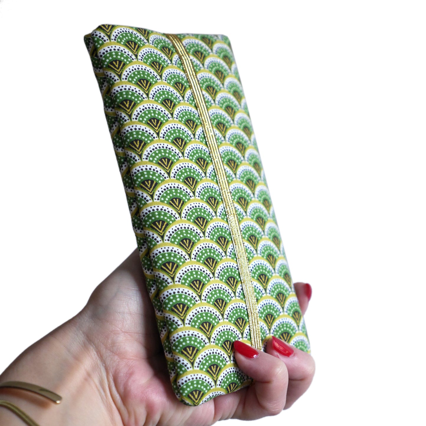 Housse chaussette tous téléphones tissu graphique éventails japonais vert élastique or iPhone, Samsung…