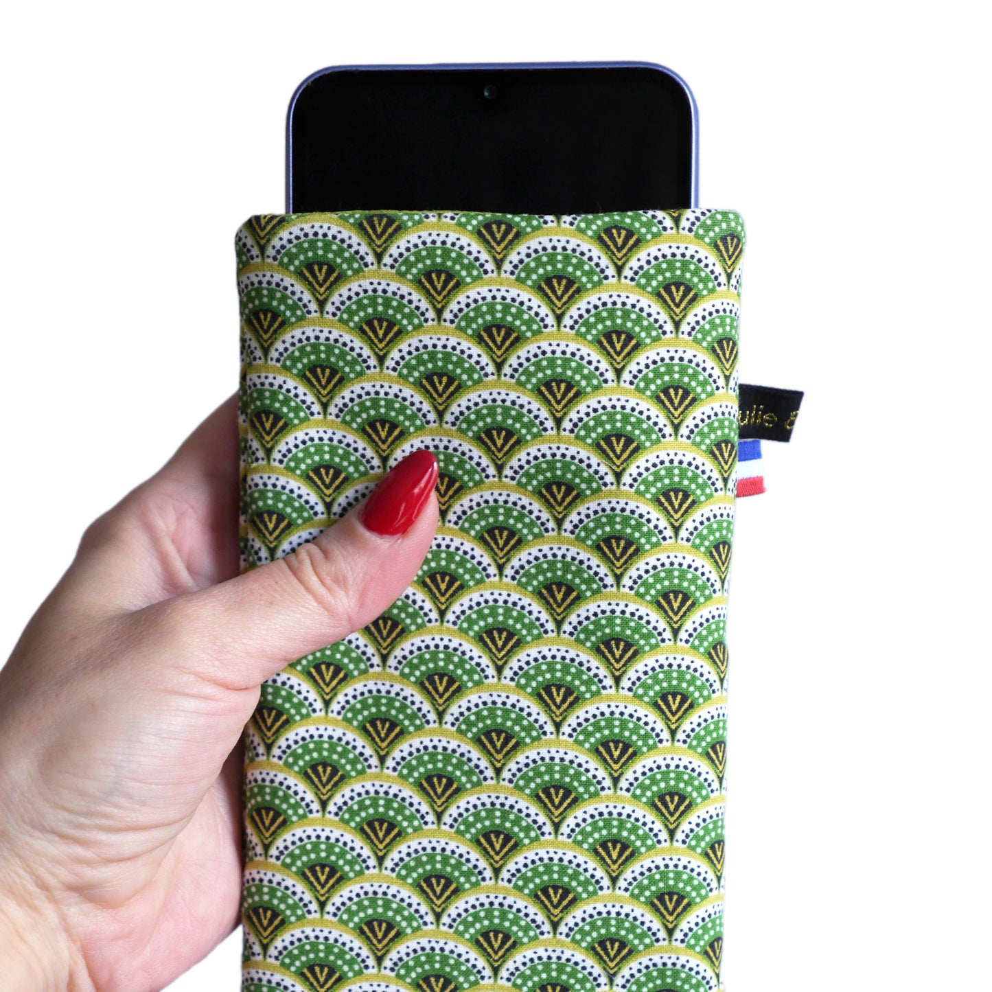 Housse chaussette tous téléphones tissu graphique éventails japonais vert élastique or iPhone, Samsung…