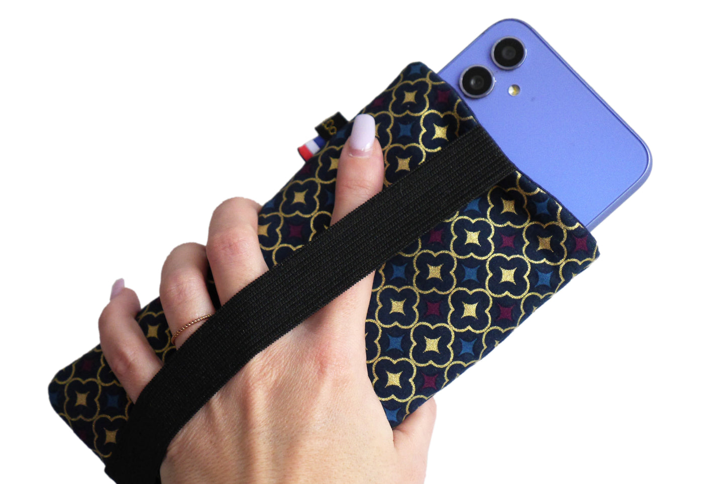 Housse chaussette tous téléphones tissu trèfles doré bleu marine taille au choix étui portable élastique