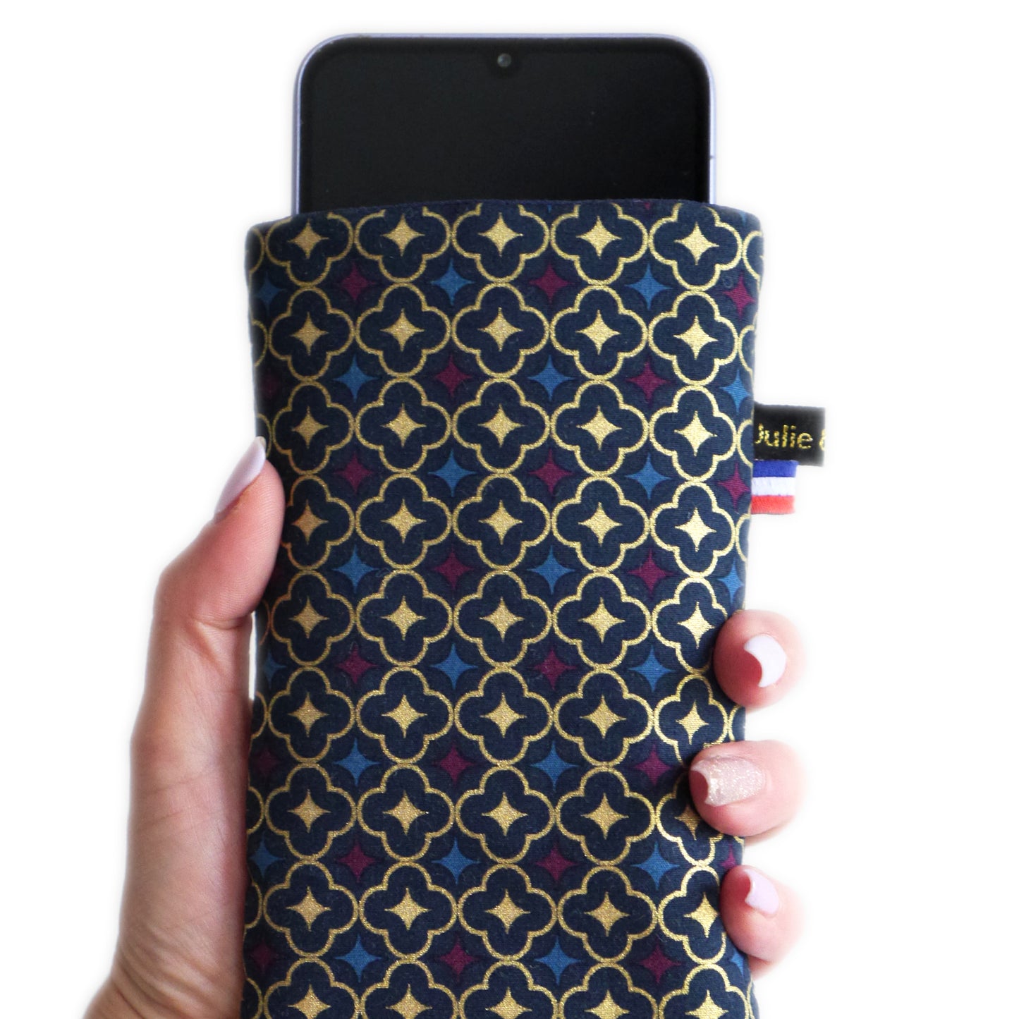 Housse chaussette tous téléphones tissu trèfles doré bleu marine taille au choix étui portable élastique