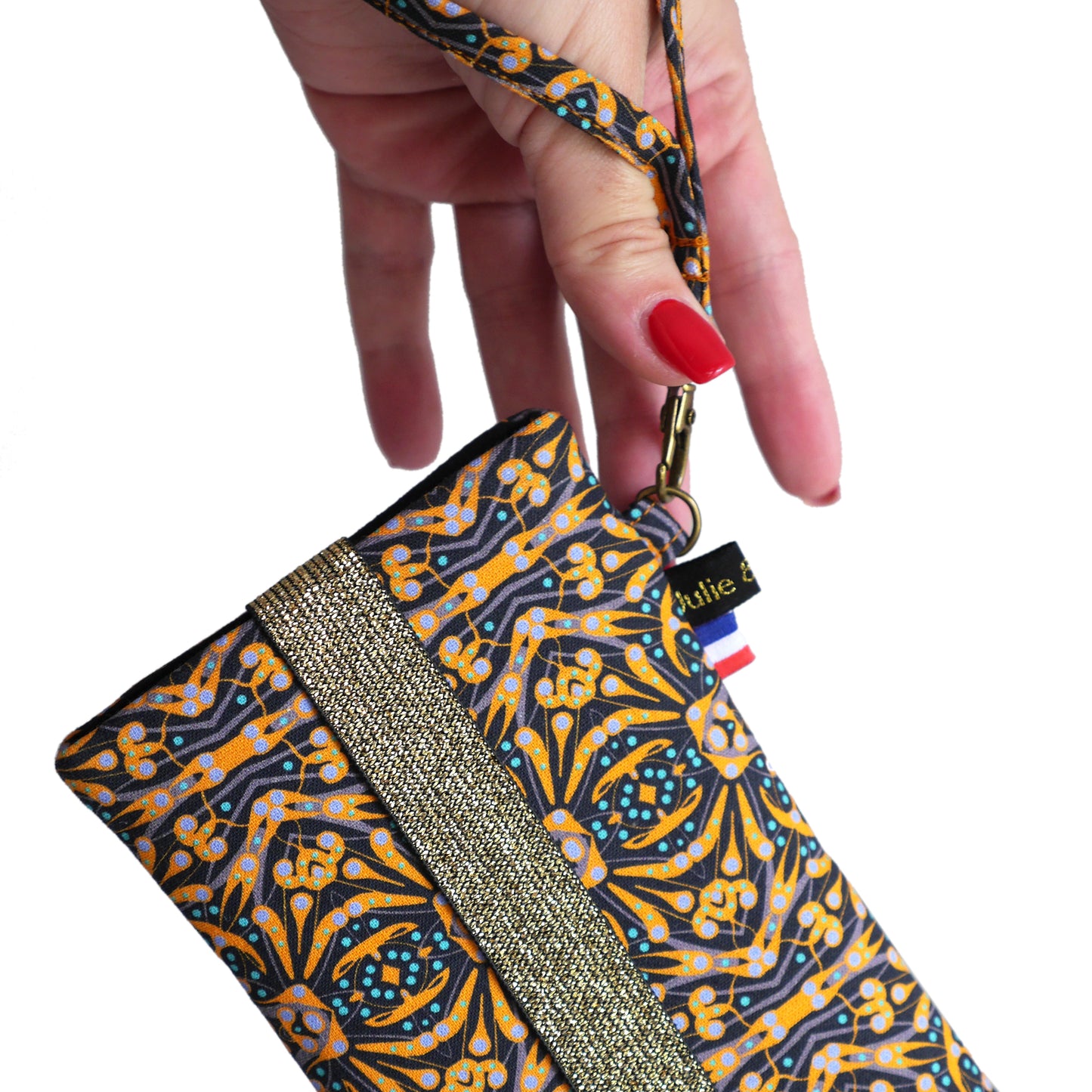 Housse universelle téléphone portable tissu motifs ethnique graphique jaune bleu noir fermeture élastique taille au choix