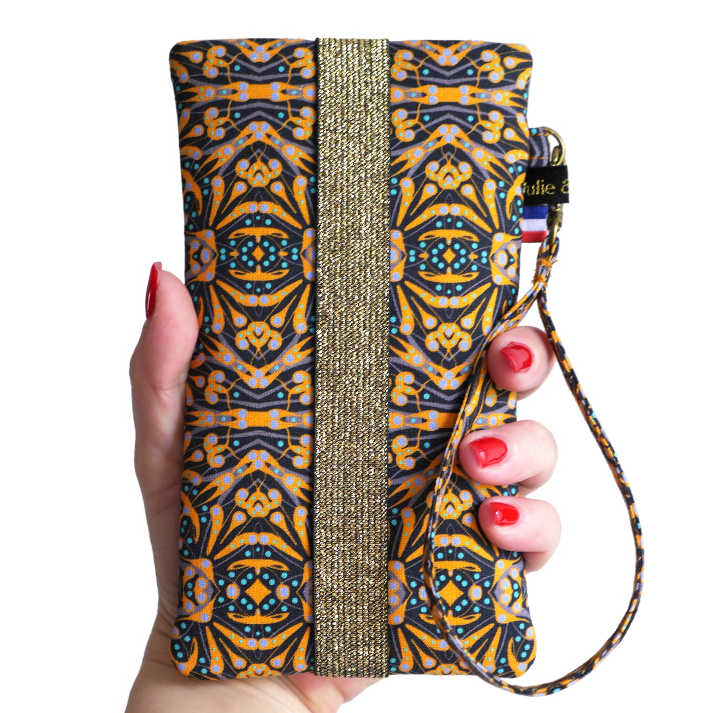Housse universelle téléphone portable tissu motifs ethnique graphique jaune bleu noir fermeture élastique taille au choix
