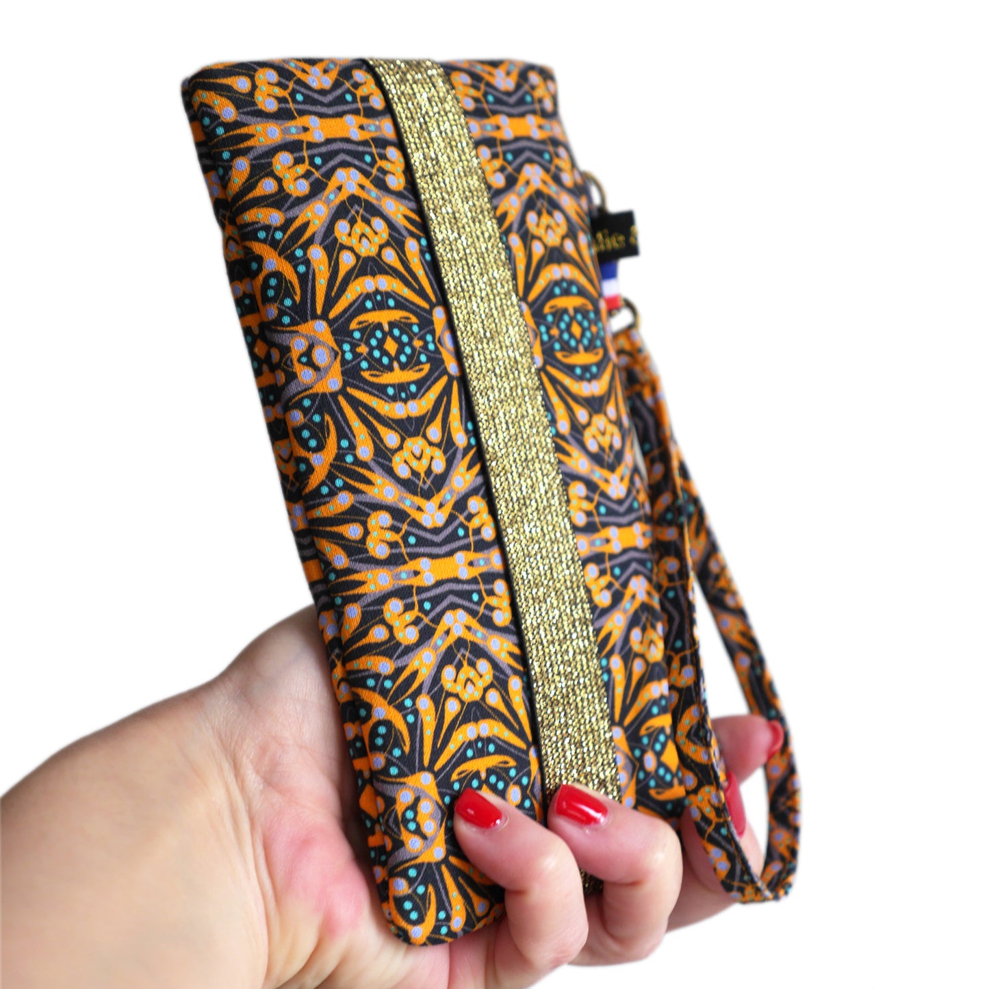 Housse universelle téléphone portable tissu motifs ethnique graphique jaune bleu noir fermeture élastique taille au choix