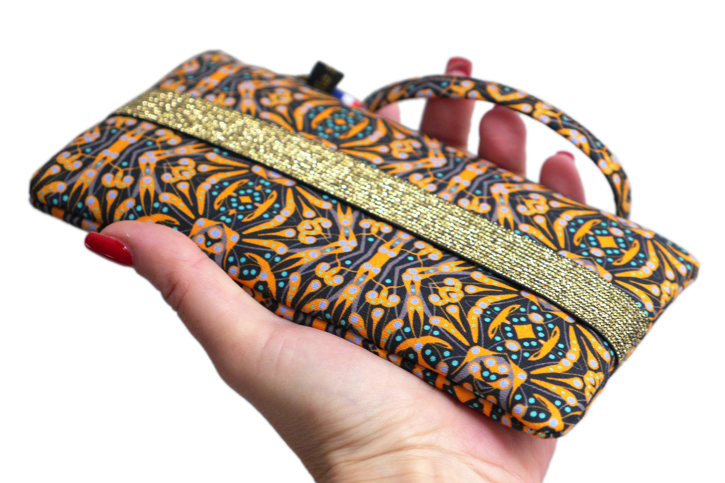 Housse universelle téléphone portable tissu motifs ethnique graphique jaune bleu noir fermeture élastique taille au choix