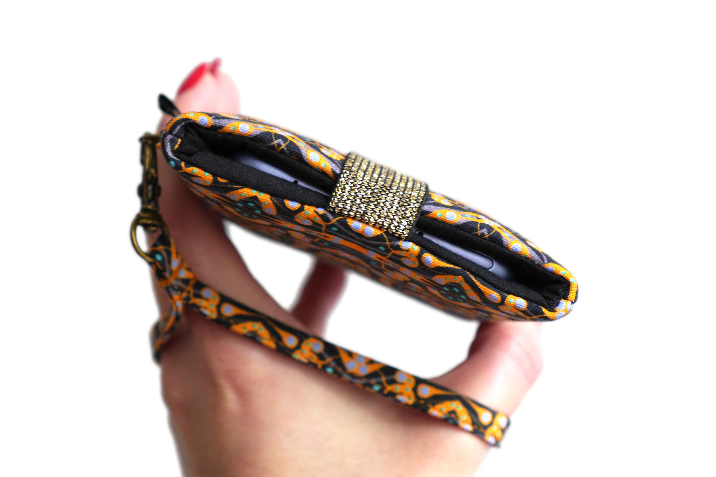 Housse universelle téléphone portable tissu motifs ethnique graphique jaune bleu noir fermeture élastique taille au choix