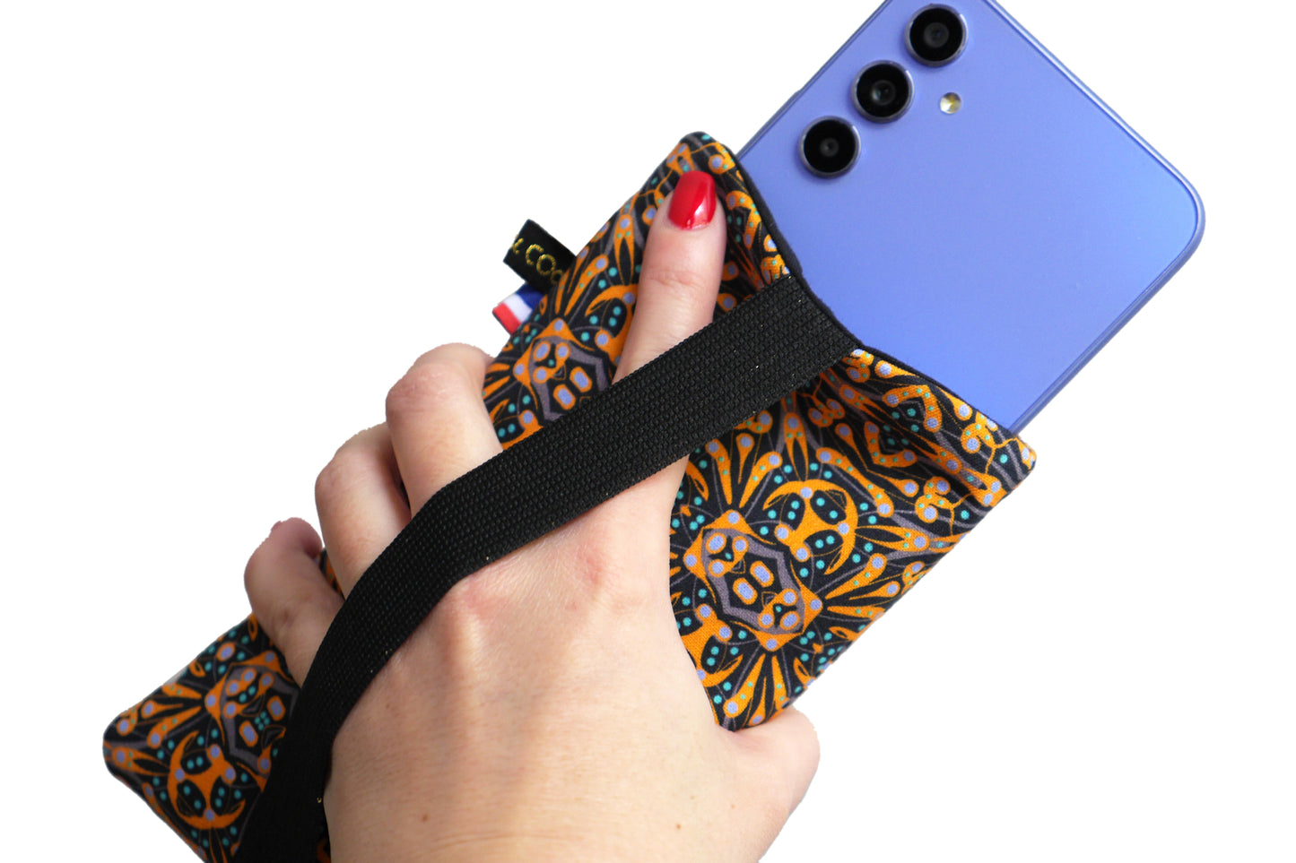 Housse universelle téléphone portable tissu motifs ethnique graphique jaune bleu noir fermeture élastique taille au choix
