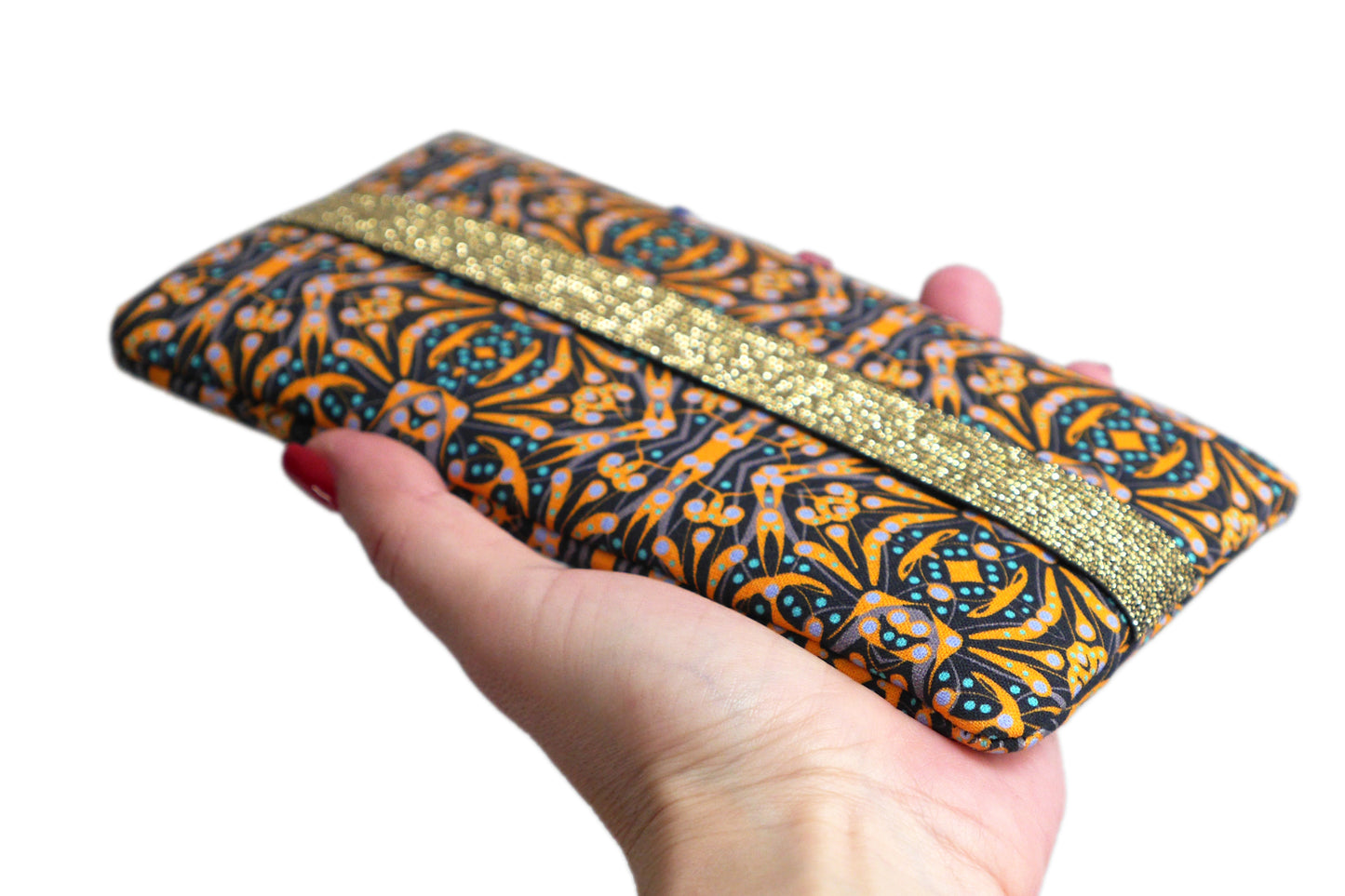 Housse universelle téléphone portable tissu motifs ethnique graphique jaune bleu noir fermeture élastique taille au choix